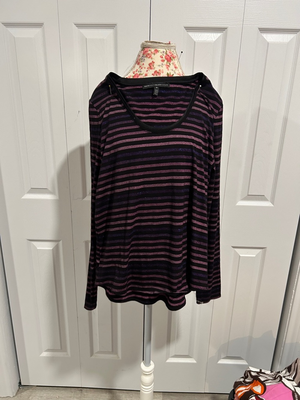 White House Black Market Purple and Black Striped Long-Sleeve Top